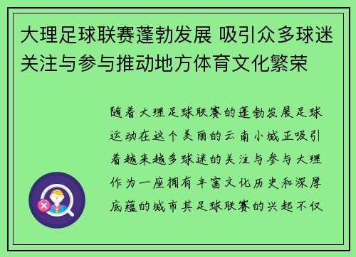 大理足球联赛蓬勃发展 吸引众多球迷关注与参与推动地方体育文化繁荣