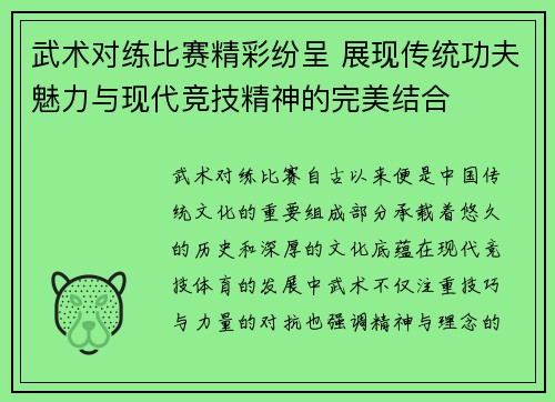 武术对练比赛精彩纷呈 展现传统功夫魅力与现代竞技精神的完美结合