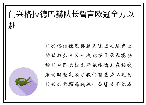 门兴格拉德巴赫队长誓言欧冠全力以赴